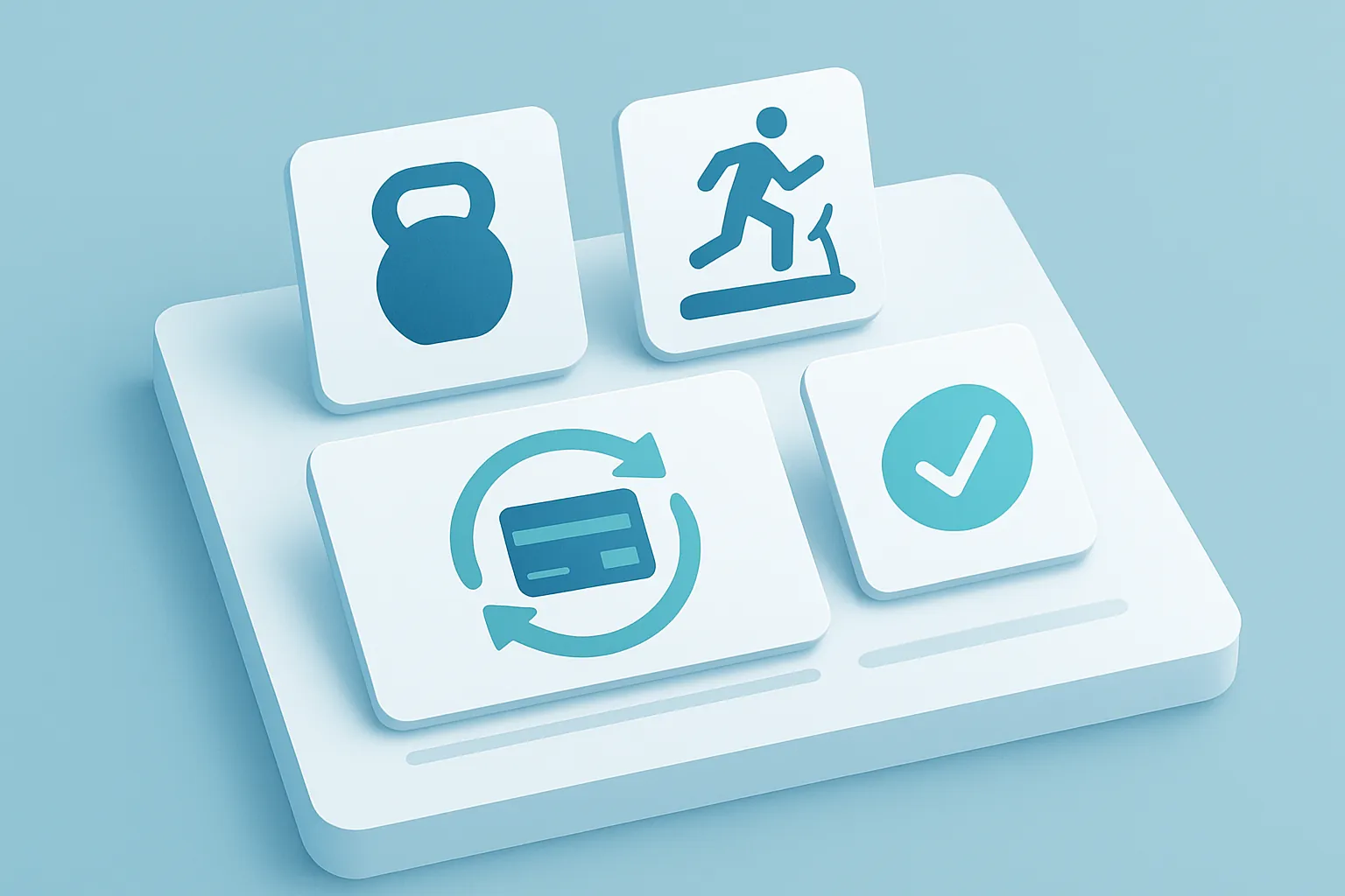 Ilustración isométrica de un panel de membresías con estatus de pago y renovaciones automáticas