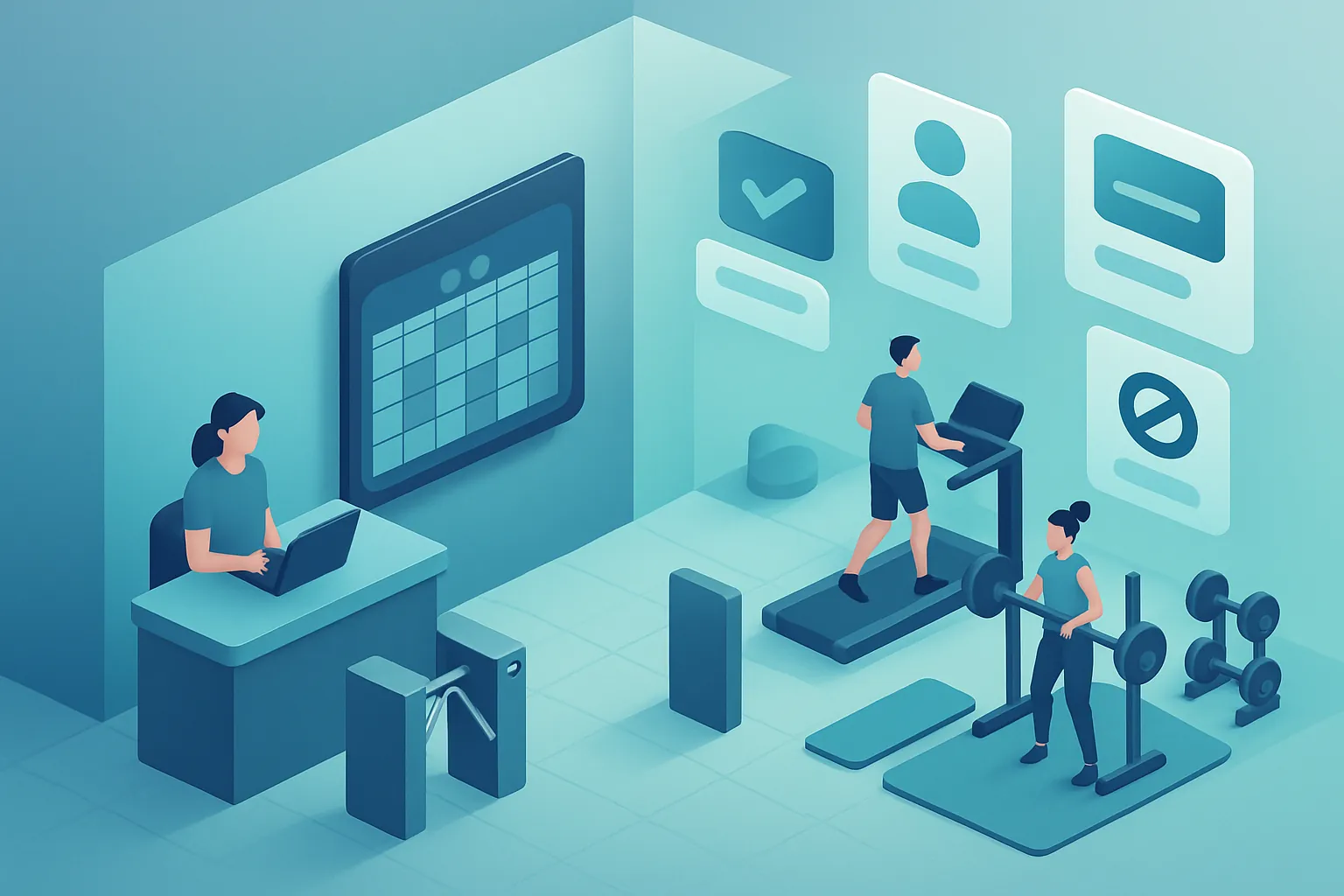 Ilustración isométrica de un sistema de gestión para gimnasios con control de acceso, calendario de clases y panel de membresías