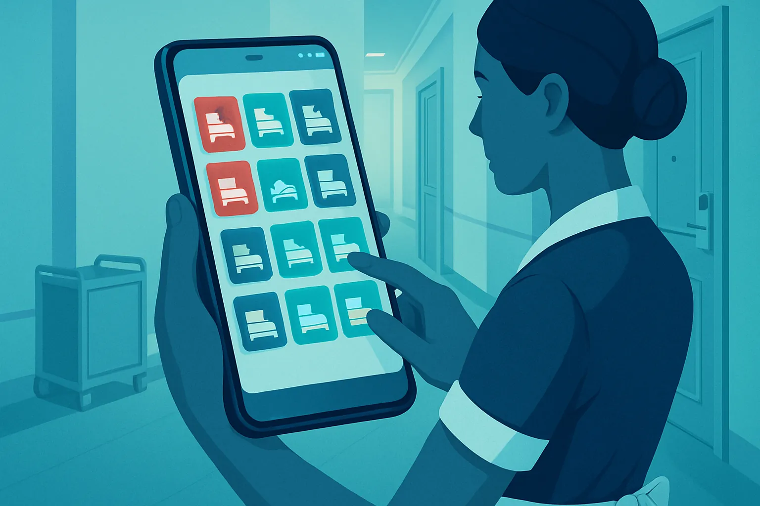 Ilustración isométrica de un panel de housekeeping con el estatus de habitaciones en tiempo real