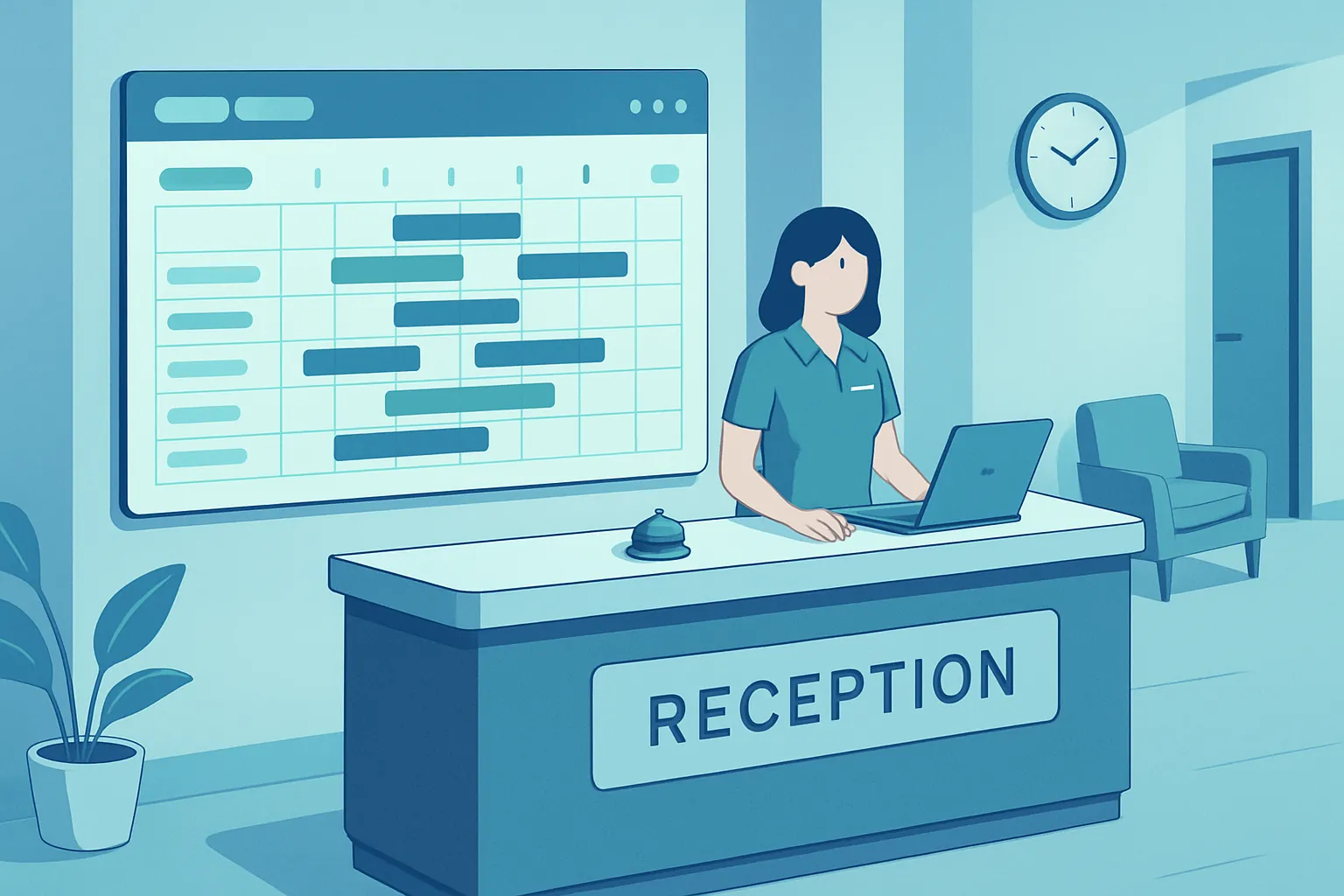 Ilustración isométrica de un sistema de gestión hotelera con calendario de reservas, panel de housekeeping y facturación