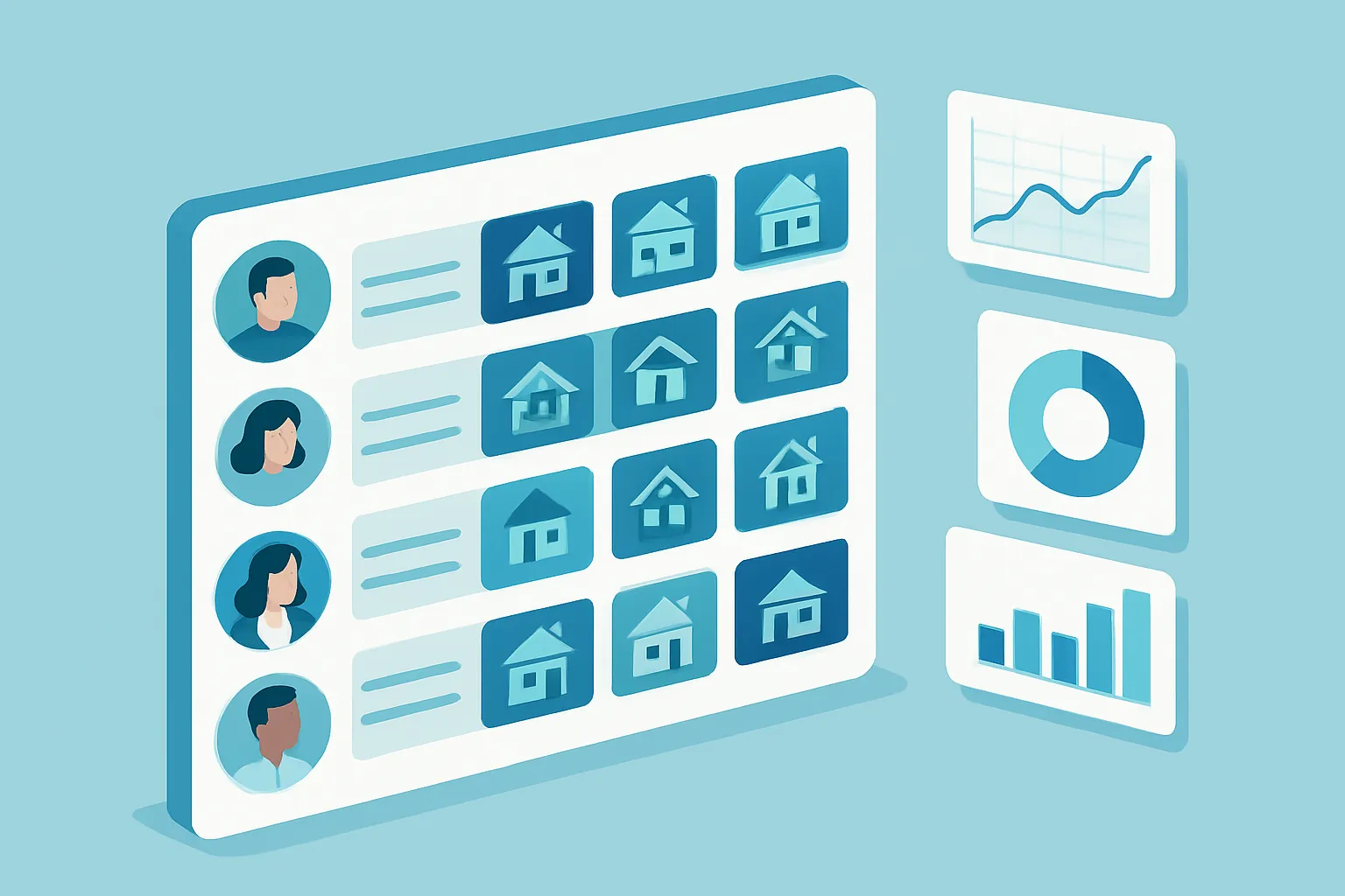 Ilustración isométrica de un panel de asignación de prospectos entre asesores inmobiliarios