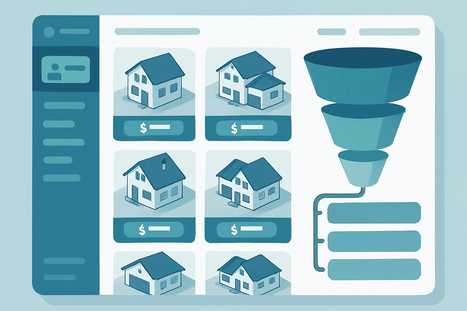 Ilustración isométrica de un sistema de gestión inmobiliaria con embudo de prospectos, catálogo de propiedades y expediente de cierre