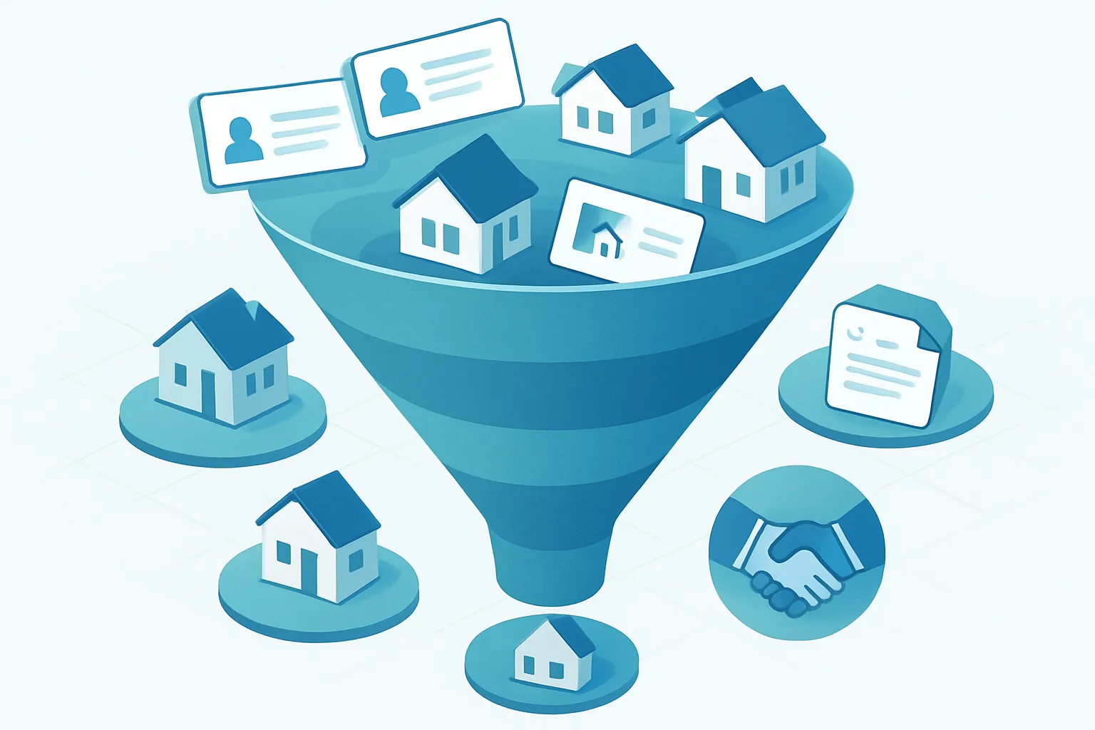 Ilustración isométrica de un embudo de ventas inmobiliario con etapas de seguimiento de prospectos