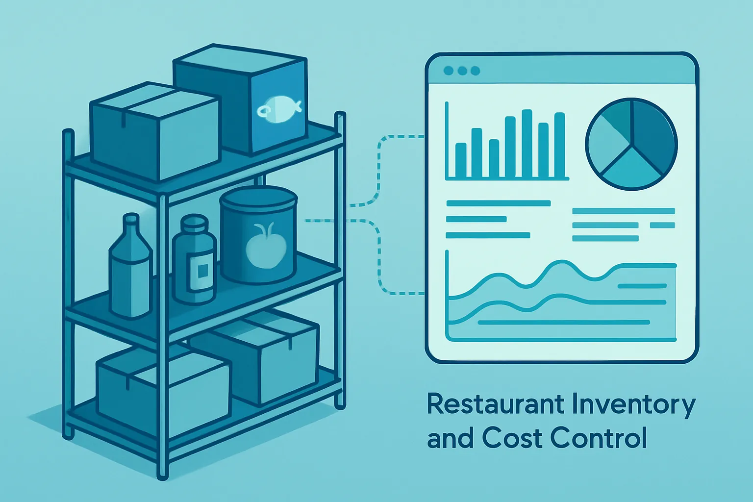 Ilustración isométrica de control de inventario y costos de restaurante conectado a un panel de análisis