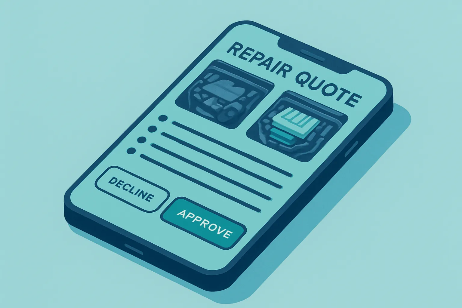 Ilustración isométrica de una cotización digital enviada al celular de un cliente con opciones de aprobación