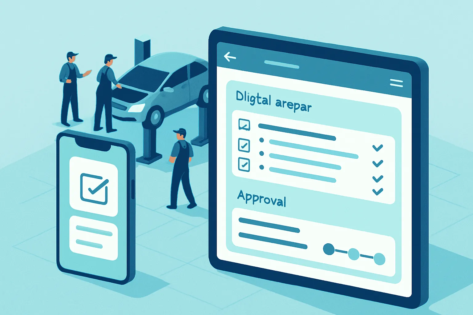 Ilustración isométrica de una orden de trabajo digital con estatus de diagnóstico, aprobación y reparación