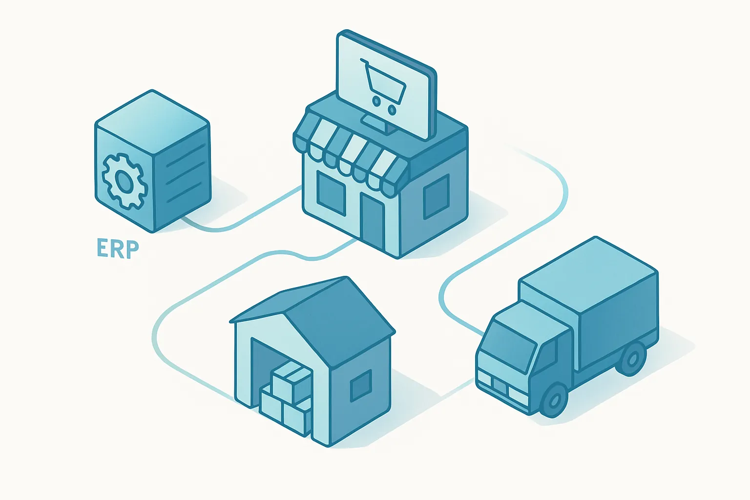 Diagrama de arquitectura mostrando la tienda en línea conectada con ERP, inventario y logística